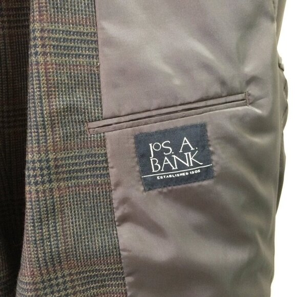 Jos A Bank Suit Jacket Blazer Brown Plaid 100% Wool 2 Button Size 44R - Picture 2 of 6